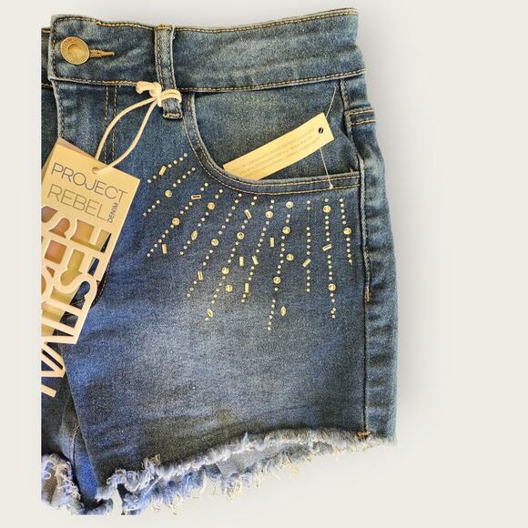 Project Rebel Denim Juniors Stretch Festival Raw Hem Rhinestoned Shorts Sz 7 - Picture 3 of 7